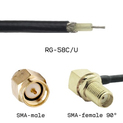 Кабельная сборка SMA male - SMA female угловой на кабеле RG58C/U 5м