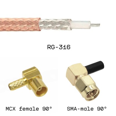 Кабельная сборка SMA male угловой - MCX female угловой на кабеле RG316 0,5м