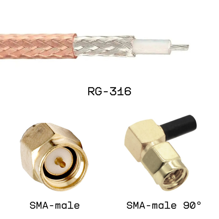 Кабельная сборка SMA male - SMA male угловой на кабеле RG316 0,2м