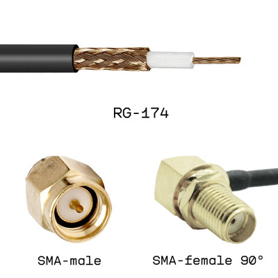 Кабельная сборка SMA male - SMA female угловой на кабеле RG174 0,5м