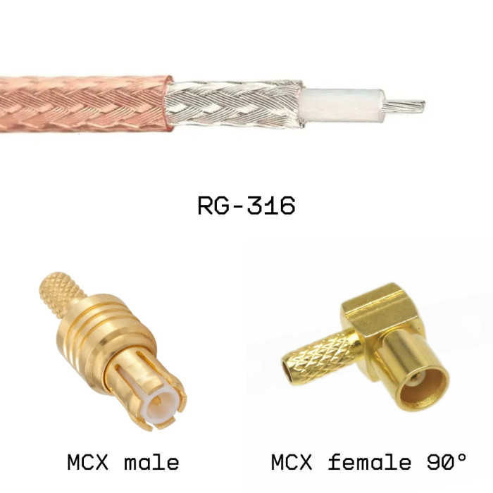Кабельная сборка MCX male - MCX female угловой на кабеле RG316 1м