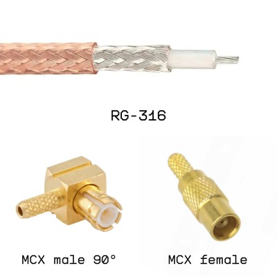 Кабельная сборка MCX male угловой - MCX female на кабеле RG316 0,1м