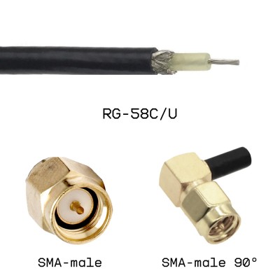 Кабельная сборка SMA male - SMA male угловой на кабеле RG58C/U 1м