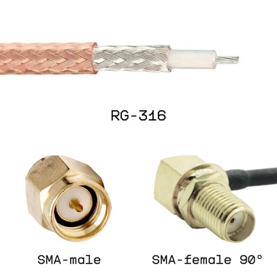 Кабельная сборка SMA male - SMA female угловой на кабеле RG316 0,1м