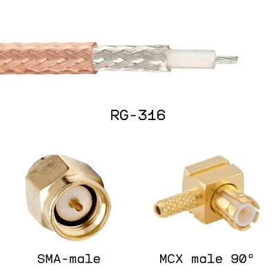 Кабельная сборка SMA male - MCX male угловой на кабеле RG316 0,2м