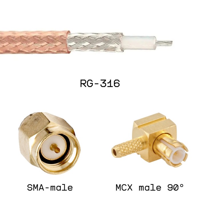 Кабельная сборка SMA male - MCX male угловой на кабеле RG316 1м