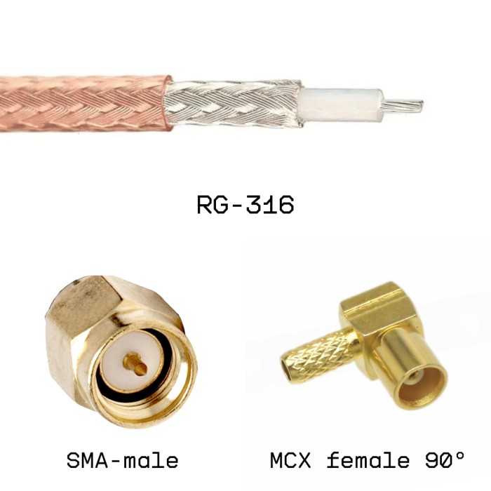 Кабельная сборка SMA male - MCX female угловой на кабеле RG316 0,1м