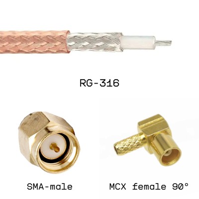 Кабельная сборка SMA male - MCX female угловой на кабеле RG316 0,5м