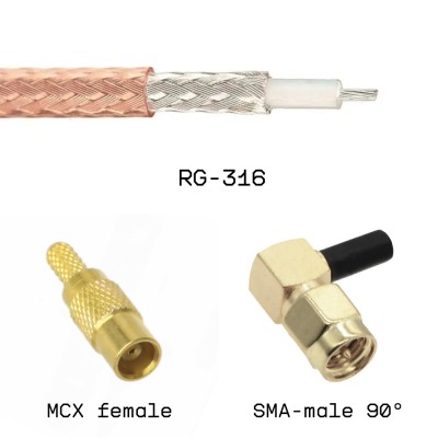 Кабельная сборка SMA male угловой - MCX female на кабеле RG316 0,3м