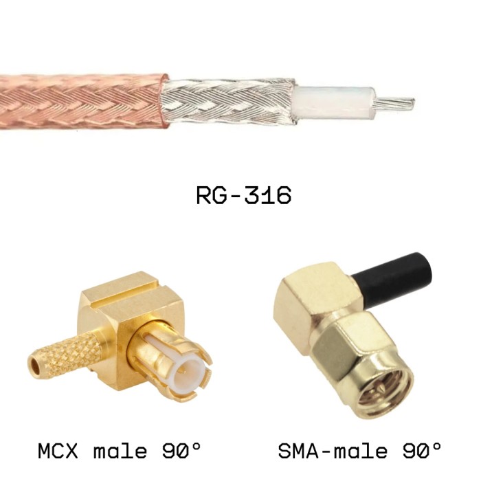 Кабельная сборка SMA male угловой - MCX male угловой на кабеле RG316 0,5м